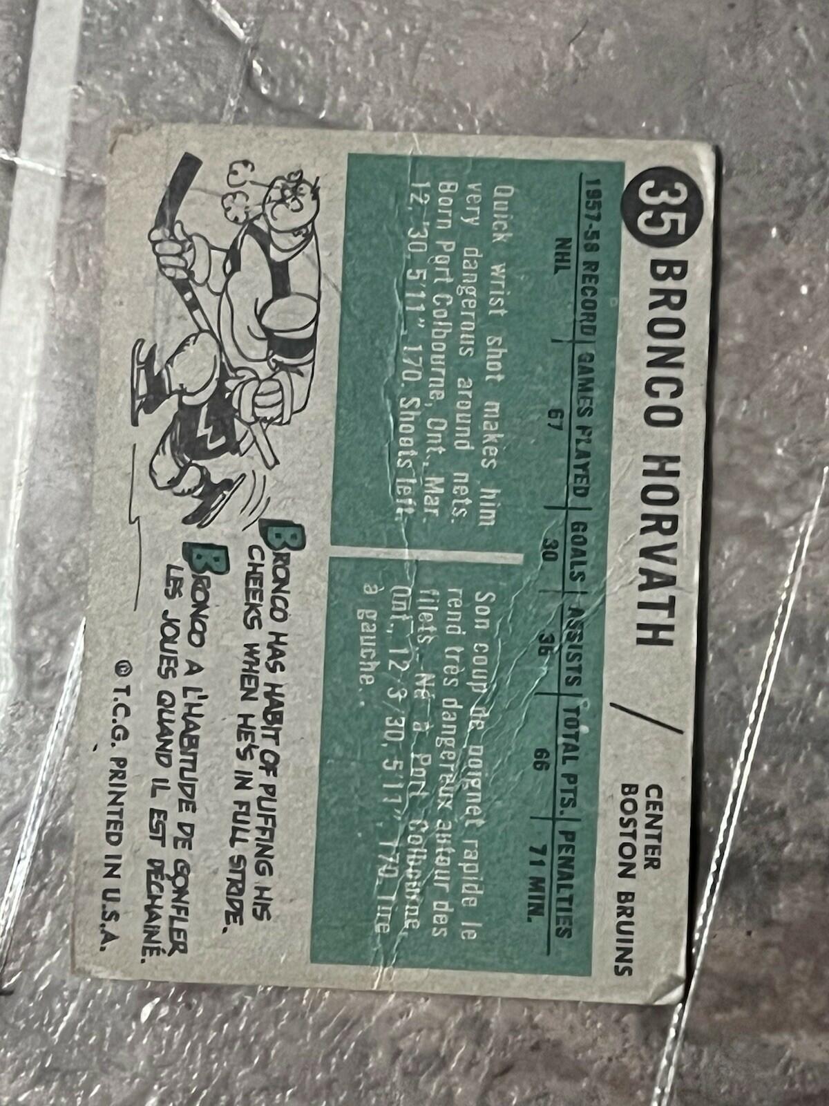1958 Topps Bronco Horvath Boston Bruins #35 Hockey Card Creased