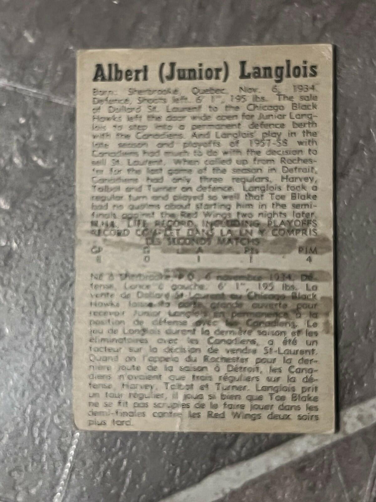 1958-59 Parkhurst Hockey Card #5 Albert Langlois Montreal Canadiens Vintage NHL