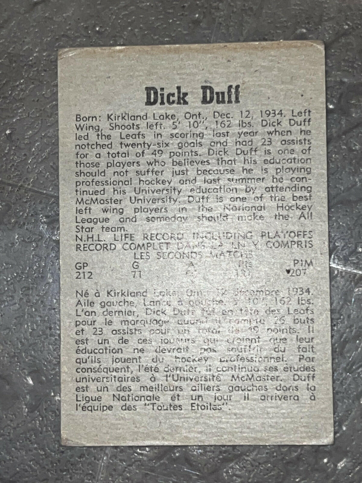 1958-59 Parkhurst Dick Duff Toronto Maple Leafs #29