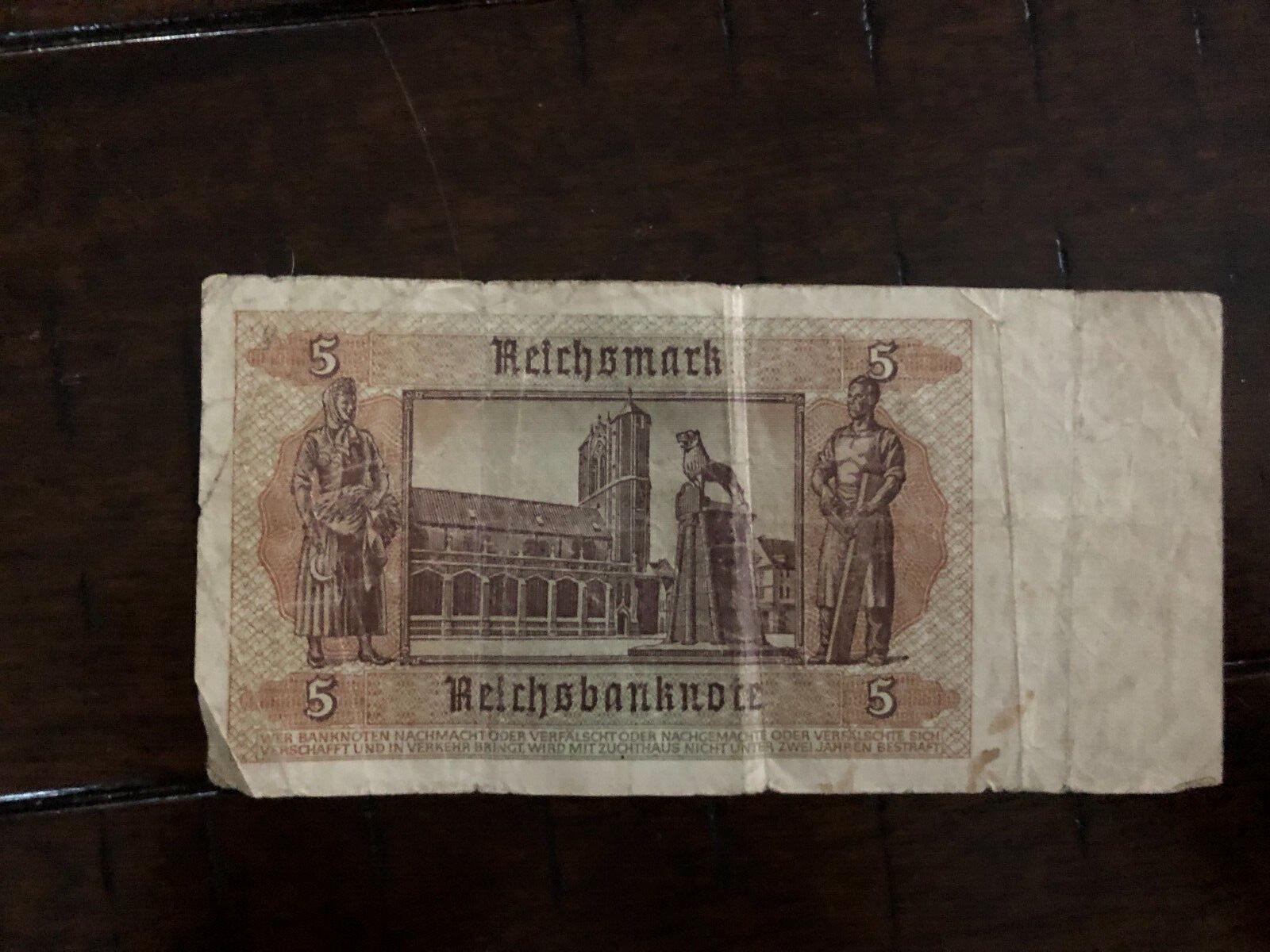 1942 WW2 Germany Third Reich 5 Reichsmark Banknote Circulated G18424272