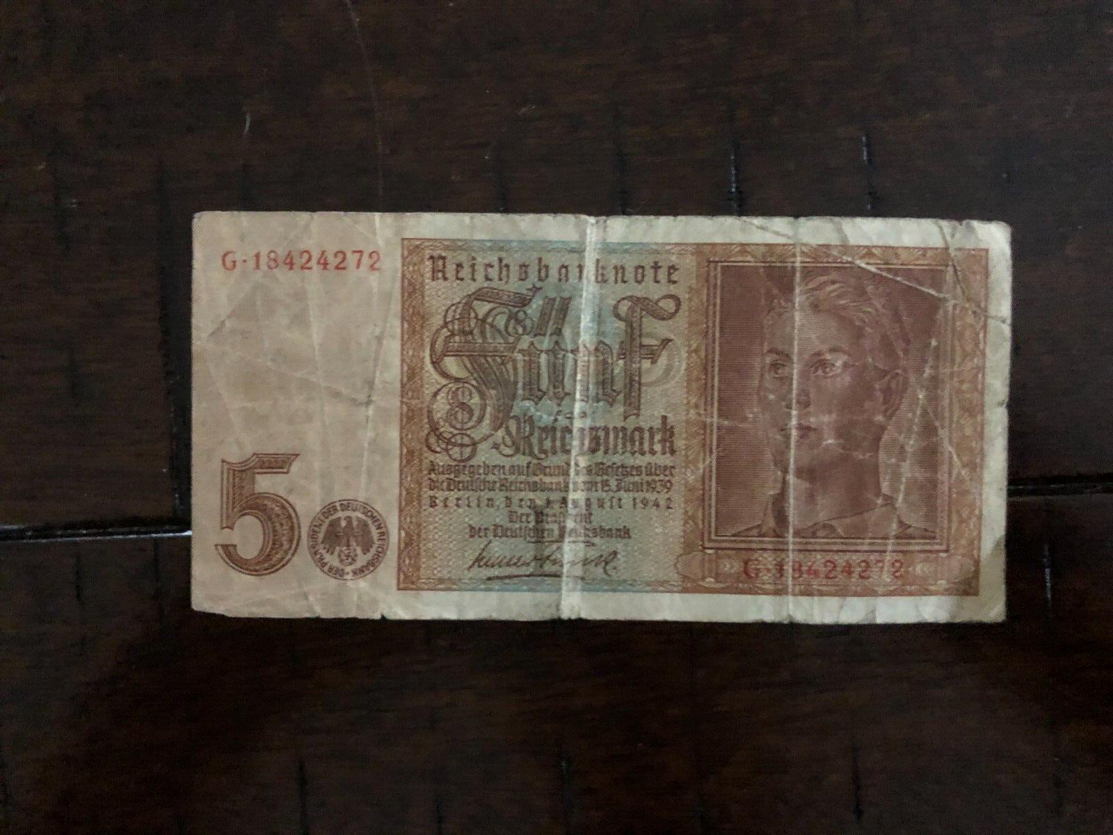 1942 WW2 Germany Third Reich 5 Reichsmark Banknote Circulated G18424272