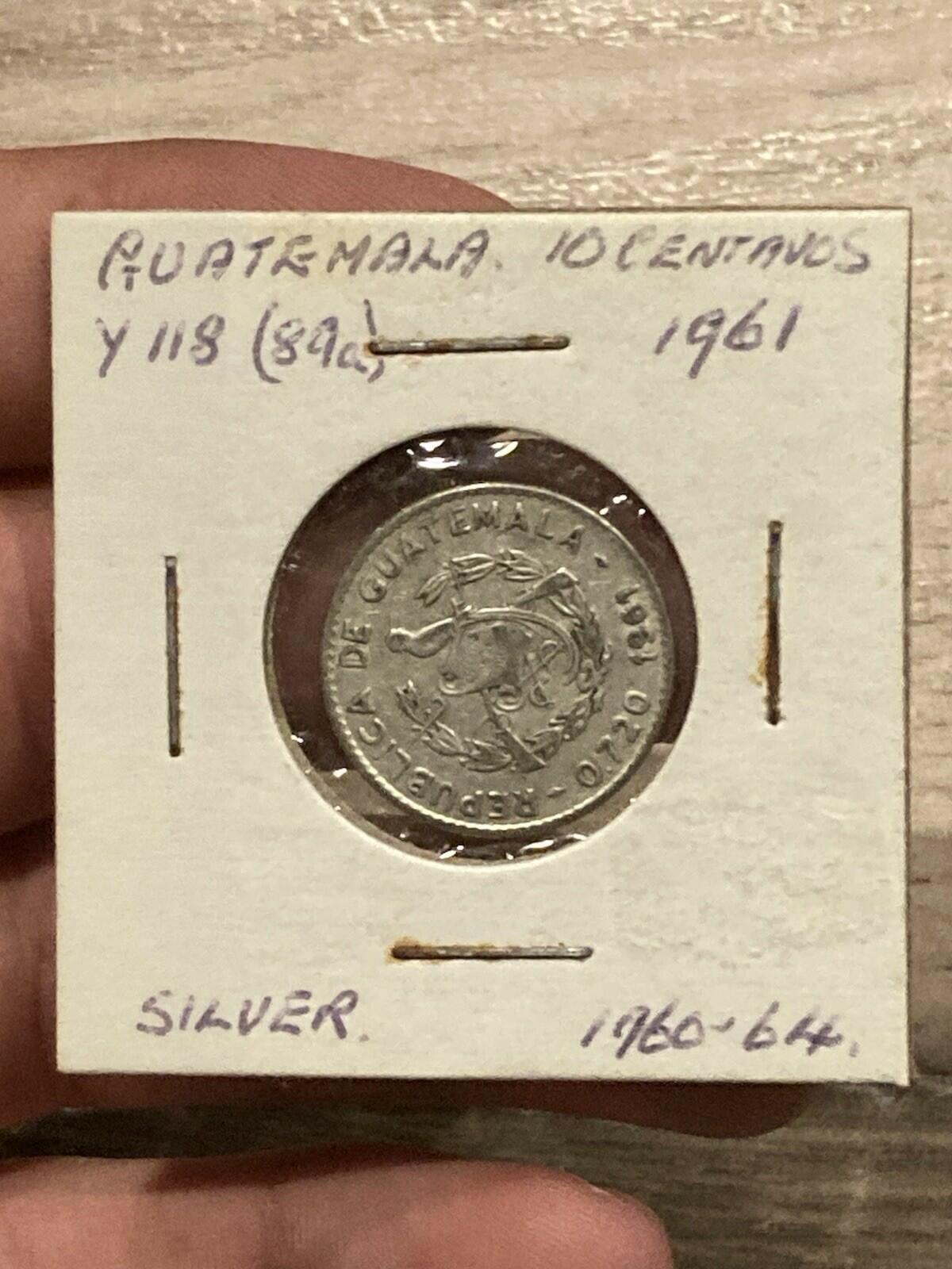 1961 Guatemala 10 Centavos Silver Coin