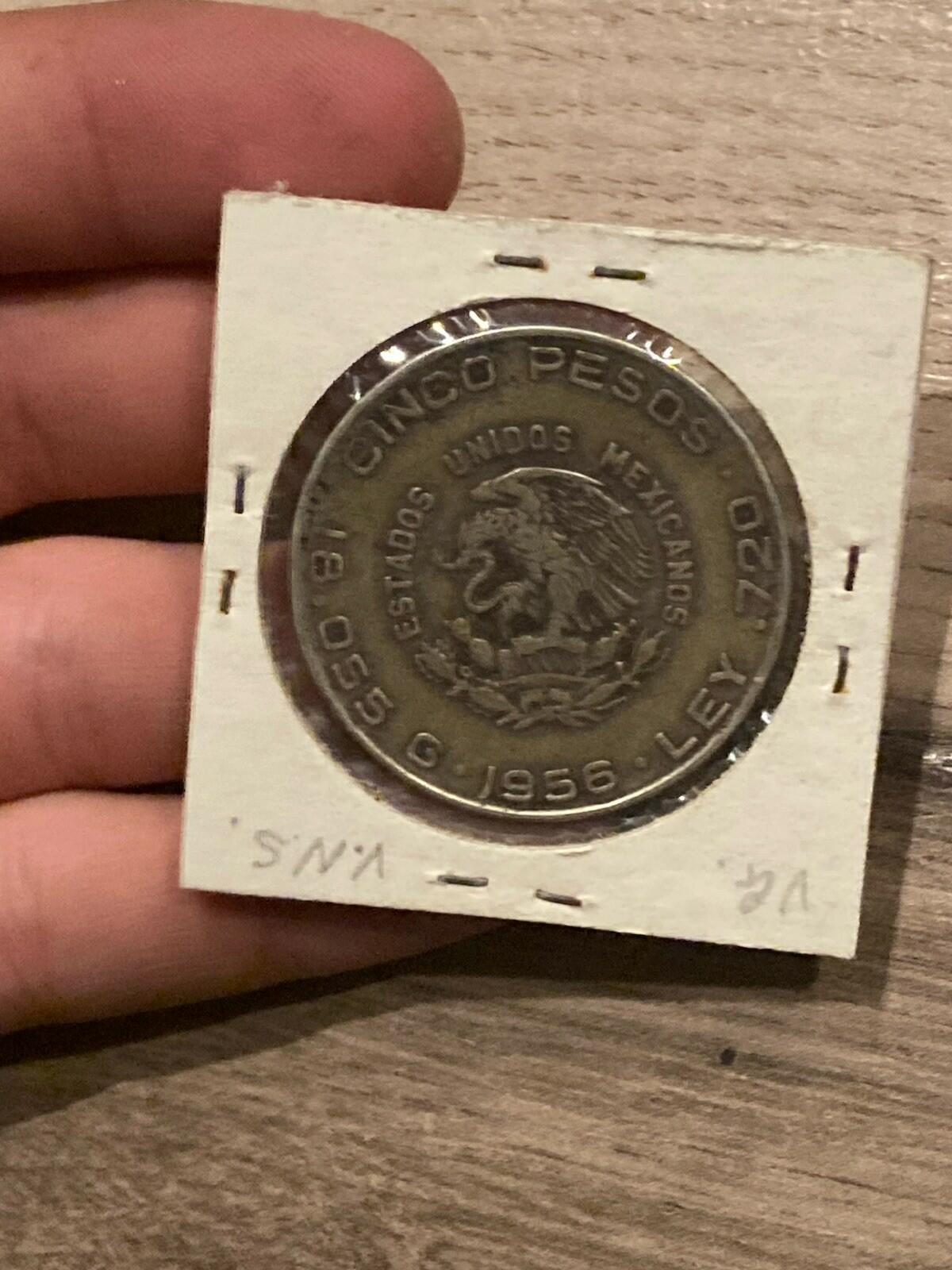 1956 Mexico Silver 5 Pesos .720