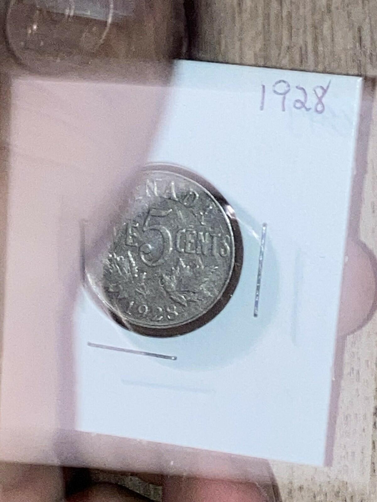 1928 Canada 5 Cents Nickel Coin, King George V