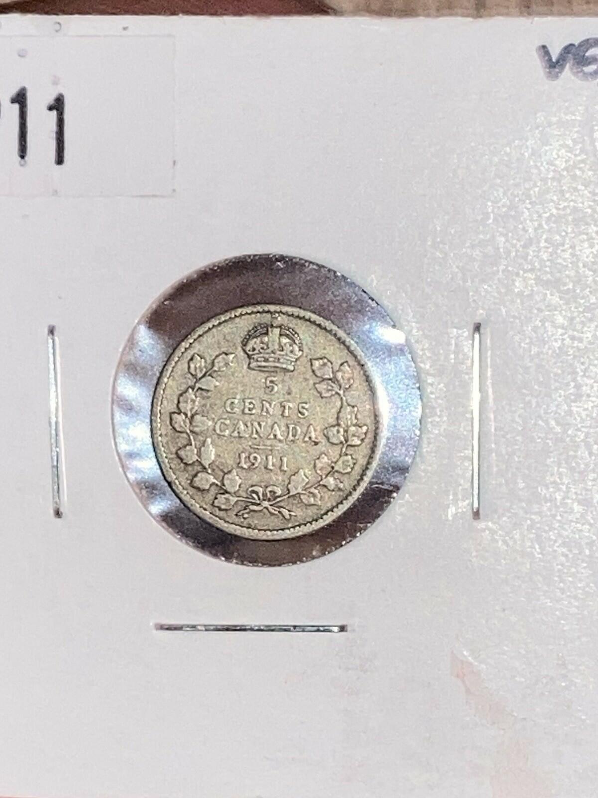 1911 Canada 5c Five Cents Silver Coin Half Dime