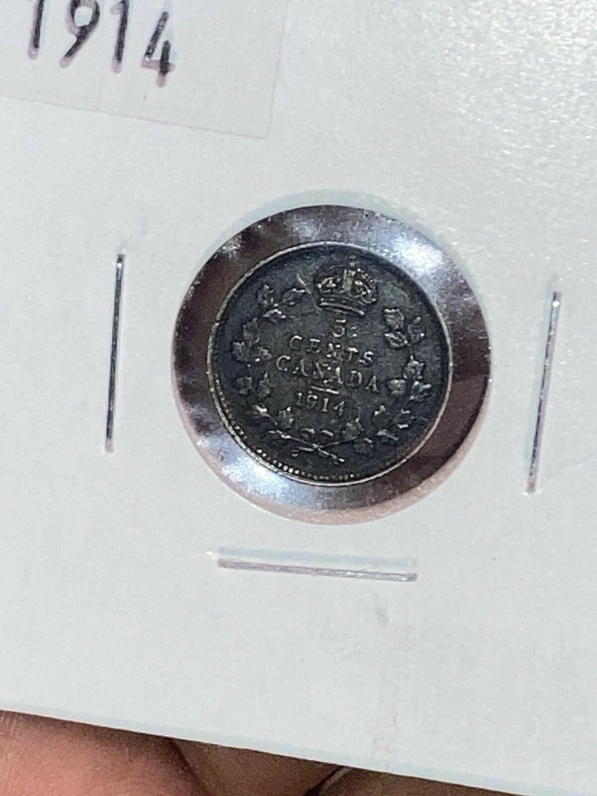 1914 Canada 5 Cents Half Dime Silver Coin George V
