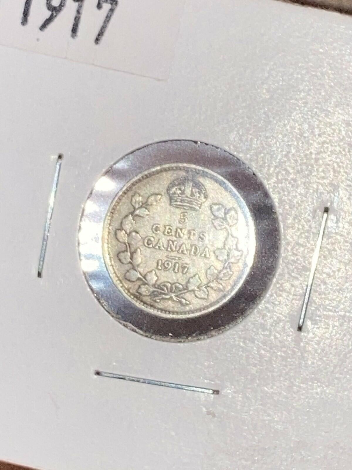 1917 Canada 5 Cents Half Dime Silver Coin George V