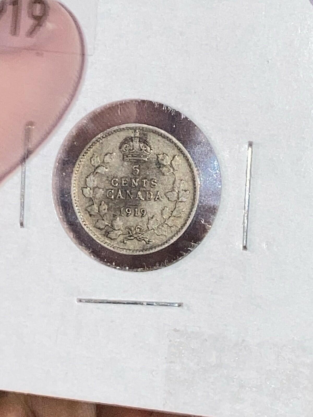 1919 Canada 5c Five Cents Silver Coin Half Dime