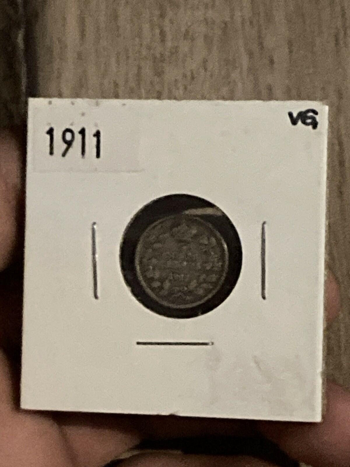 1911 Canada 5c Five Cents Silver Coin Half Dime