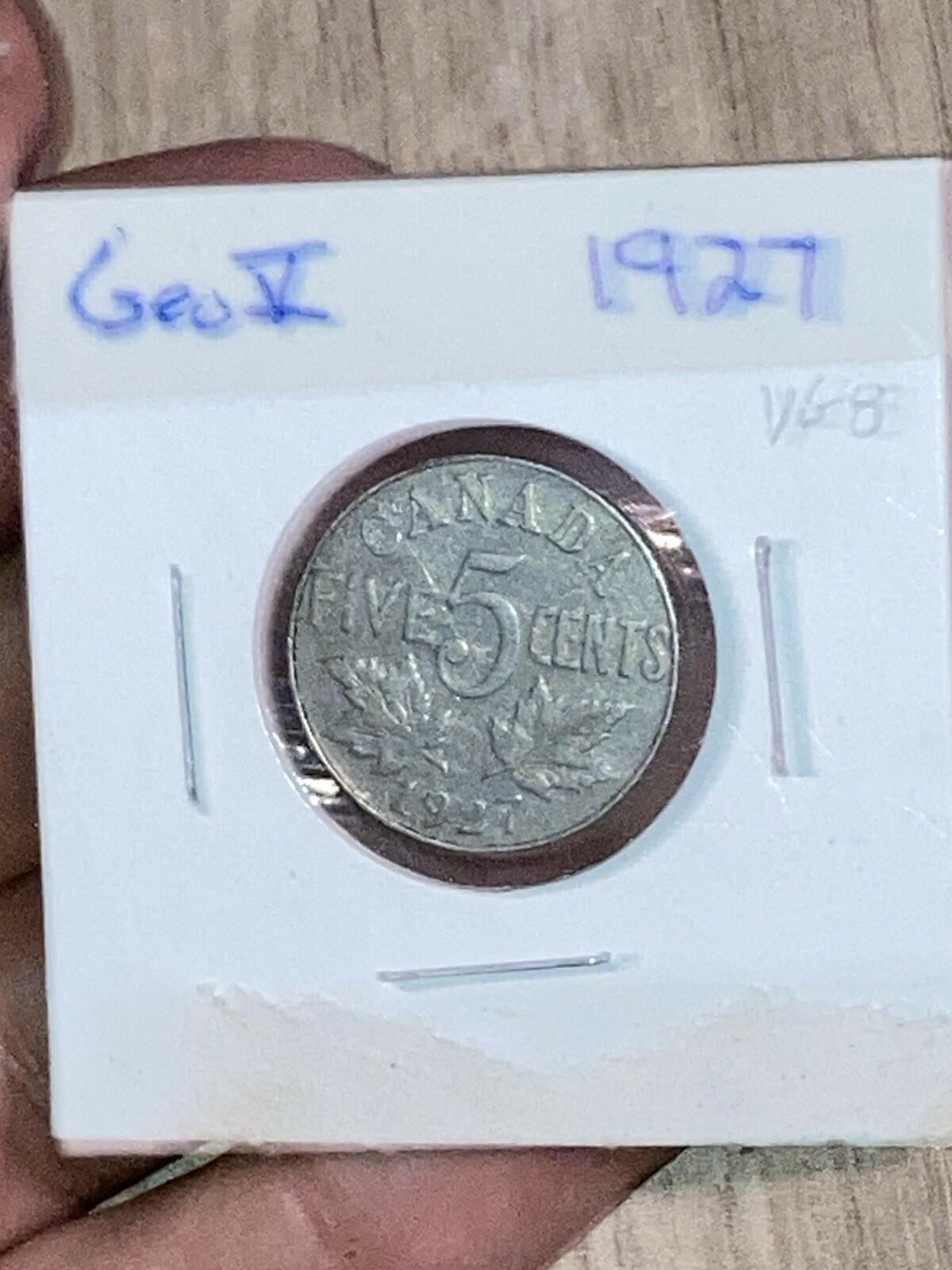1927 Canada 5 Cents Nickel Coin, King George V