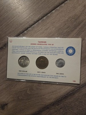 Taiwan 3 Modern Type Coin Set: 10 & 50 Cents + 1960 Silver $1 Dollar Carded