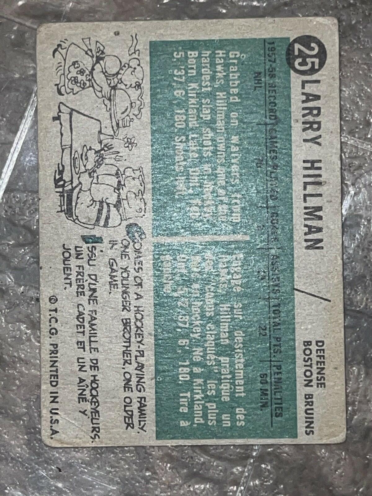 1958-59 Topps Larry Hillman Boston Bruins #25 Hockey Card