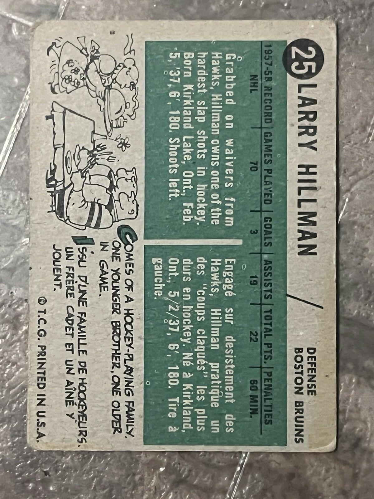 1958-59 Topps Larry Hillman Boston Bruins #25 Hockey Card