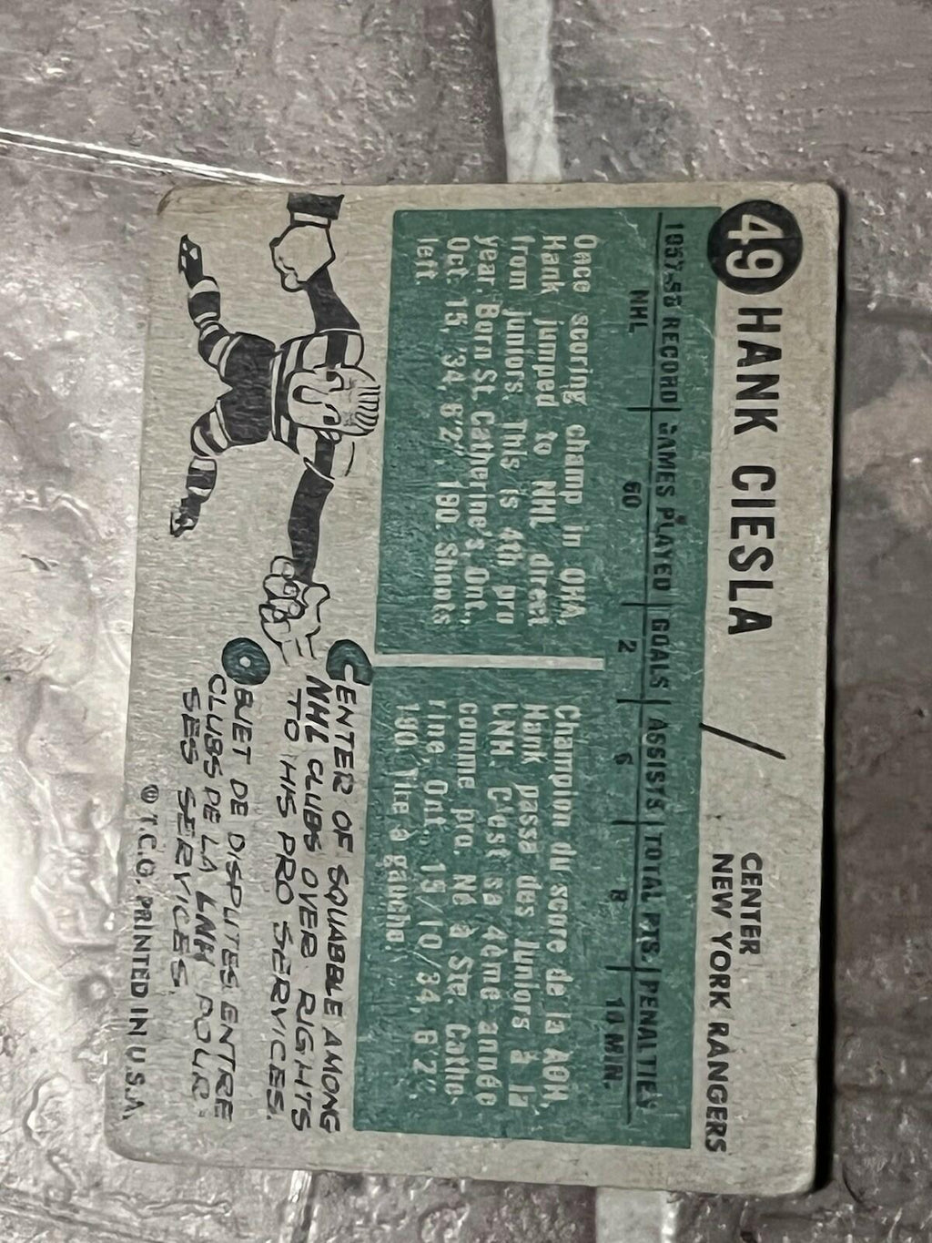 1958-59 Topps Hank Ciesla #49 New York Rangers