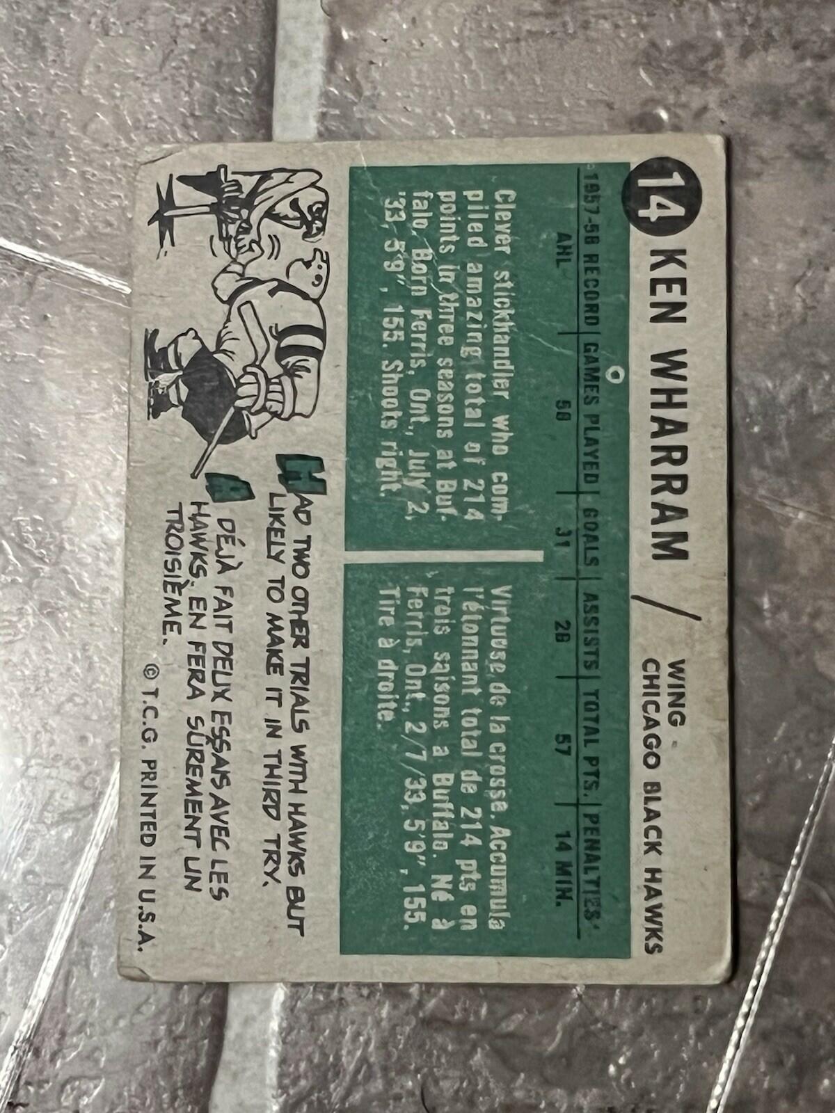 1958-59 Topps Ken Wharram Chicago Black Hawks #14 Hockey Card