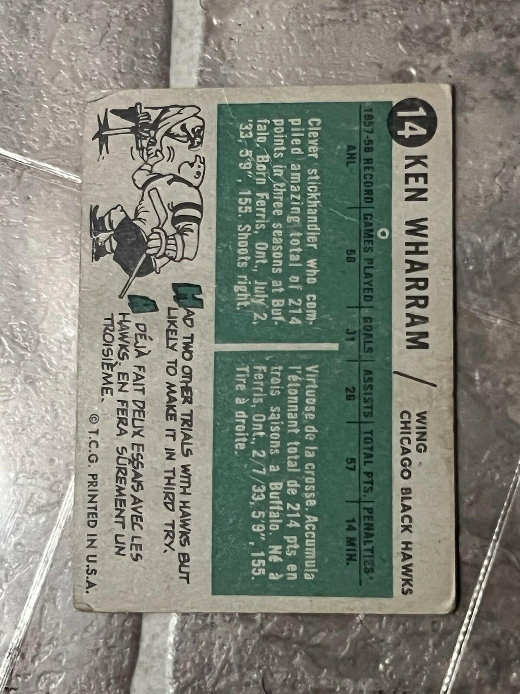 1958-59 Topps Ken Wharram Chicago Black Hawks #14 Hockey Card