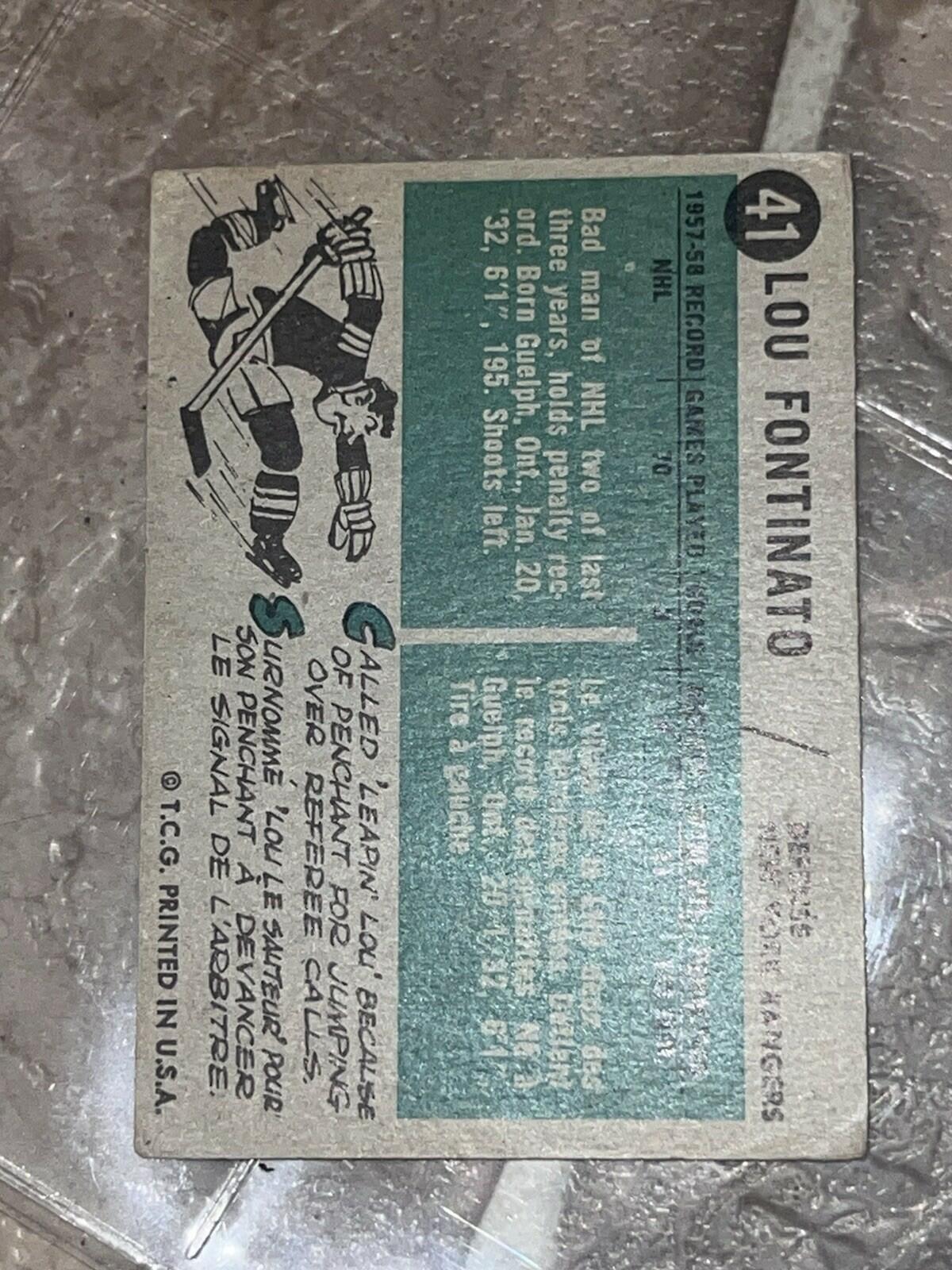 1958-59 Topps Lou Fontinato New York Rangers #41 Hockey Card