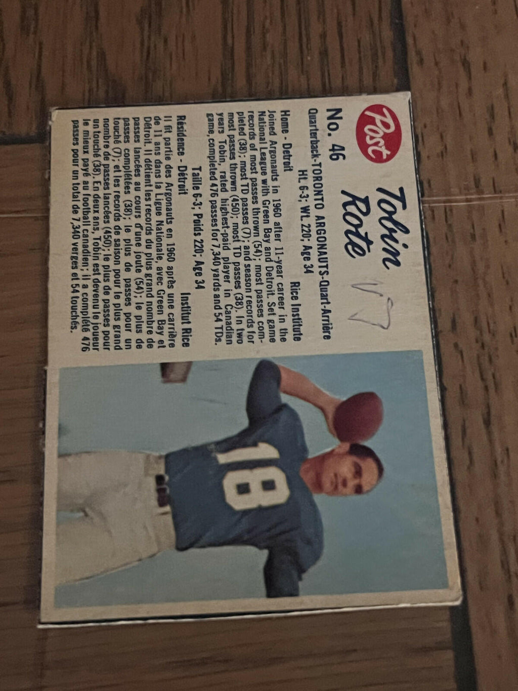 1962 Post Cereal CFL Toronto Argonauts Tobin Rote #46