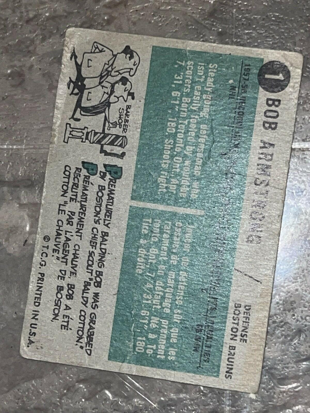 1958-59 Topps Bob Armstrong Boston Bruins #1 Hockey Card