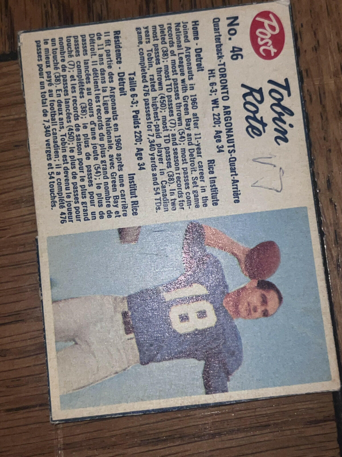 1962 Post Cereal CFL Toronto Argonauts Tobin Rote #46