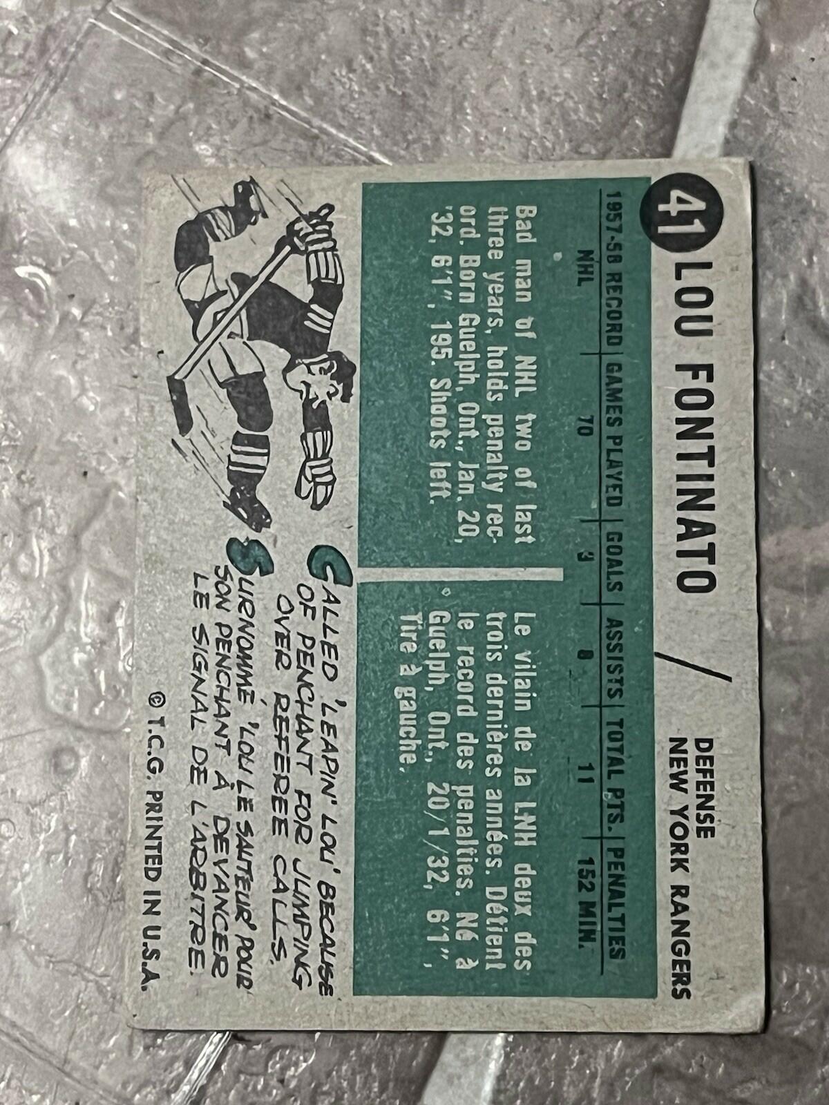 1958-59 Topps Lou Fontinato New York Rangers #41 Hockey Card