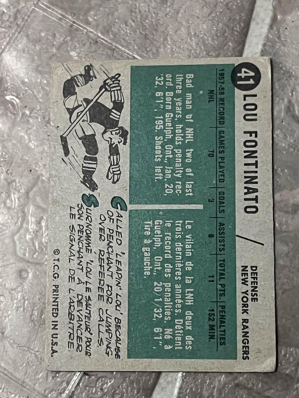 1958-59 Topps Lou Fontinato New York Rangers #41 Hockey Card