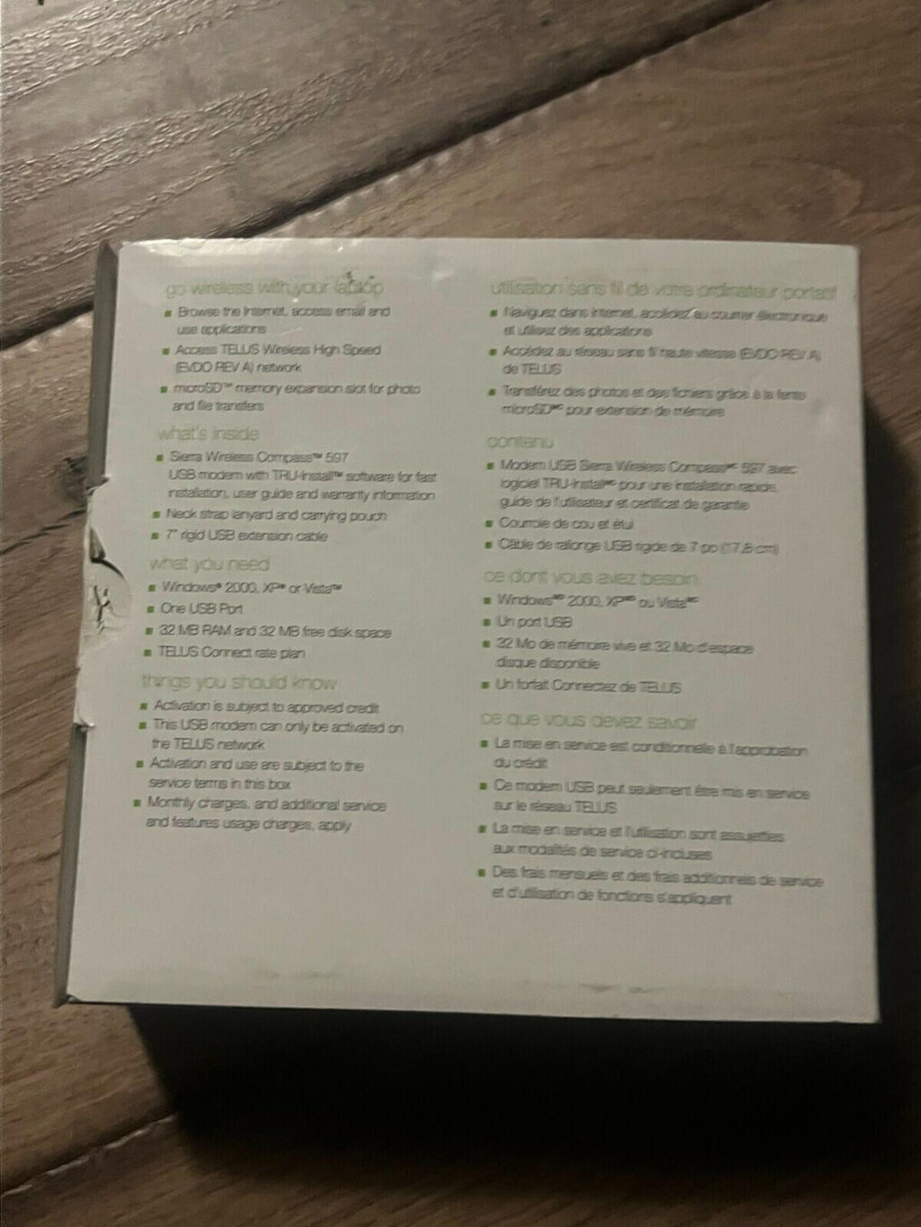 Sierra Wireless Compass 597 Telus USB Modem w/ 7" USB Cable, Pouch, And Box