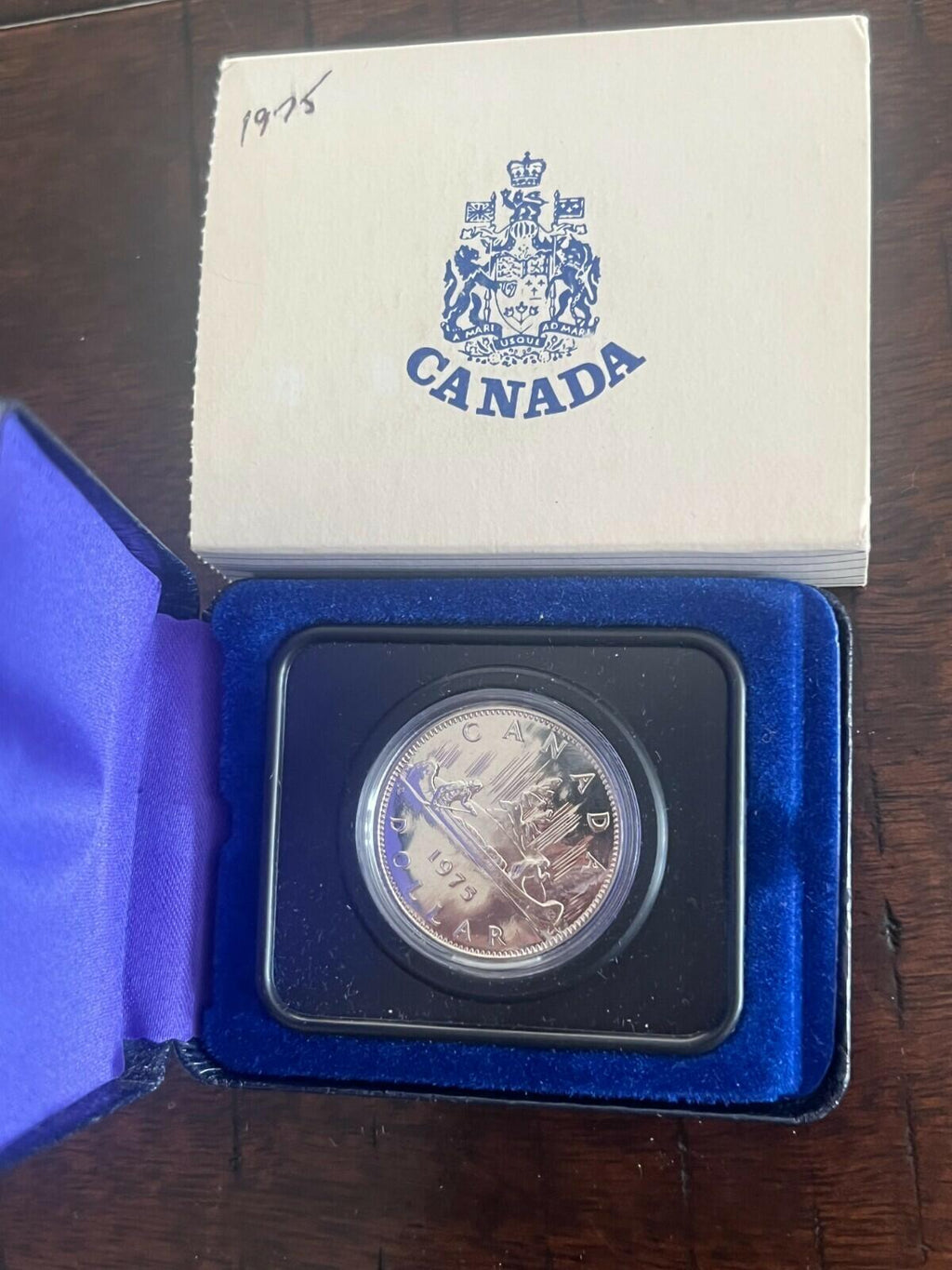 1975 Canada $1 Coin Voyageur Dollar (With RCM Box) + Outer Cardboard Sleeve