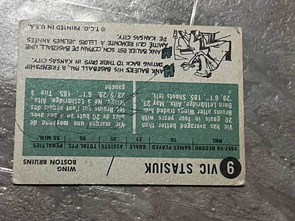 1958-59 Topps Vic Stasiuk Boston Bruins #9 NHL Hockey Card