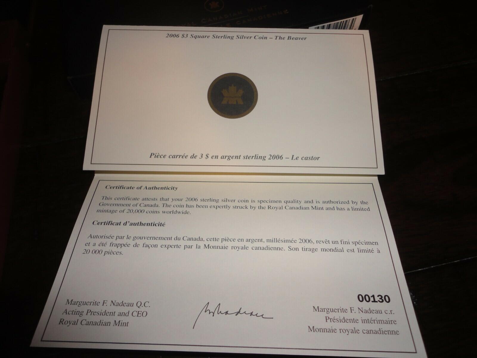 2006 Canada $3 Gold Plated Square Sterling Silver Coin: The Beaver (COA+BOX)