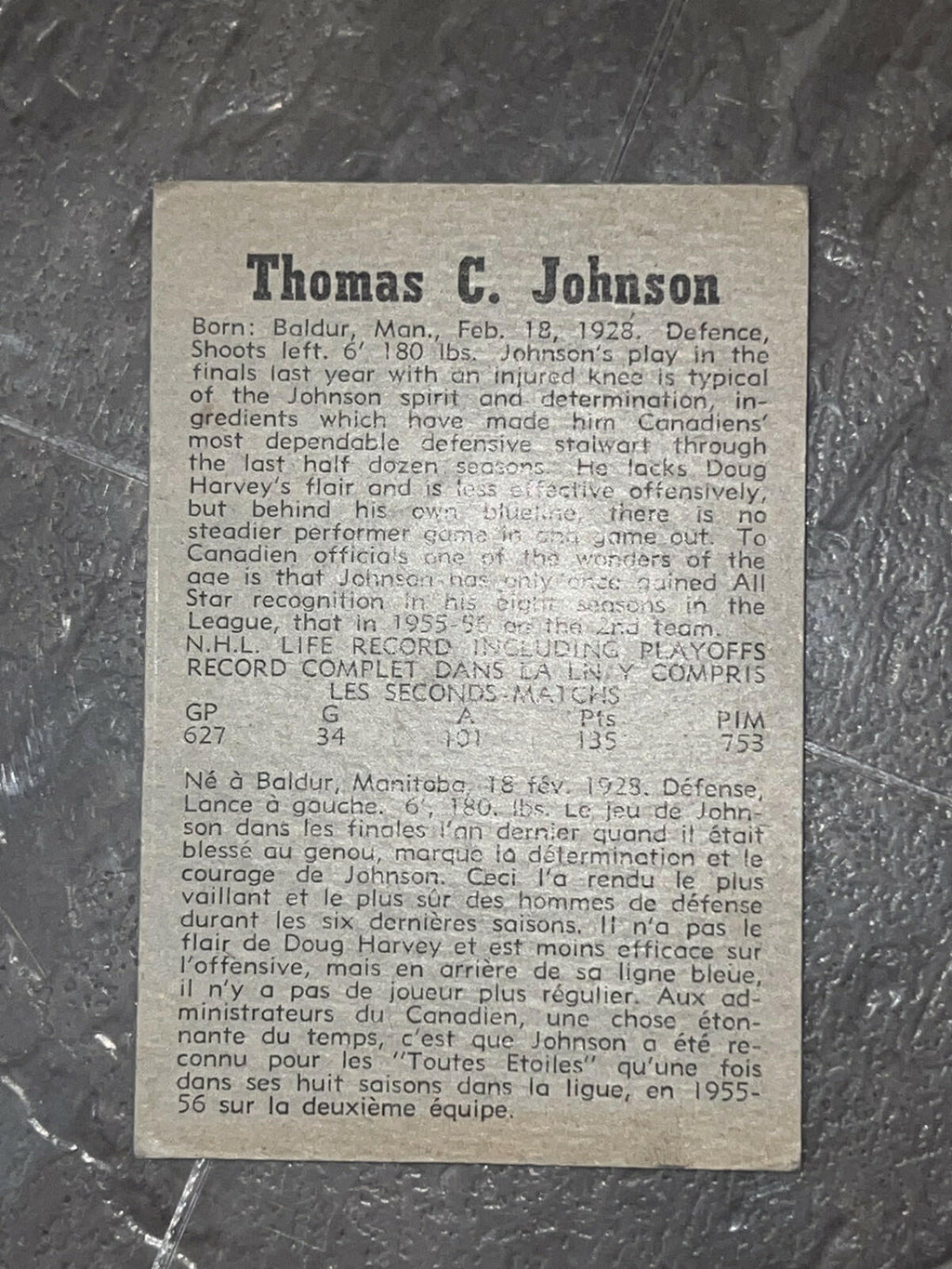 1958-59 Parkhurst Tom Johnson Montreal Canadiens #10 Hockey Card