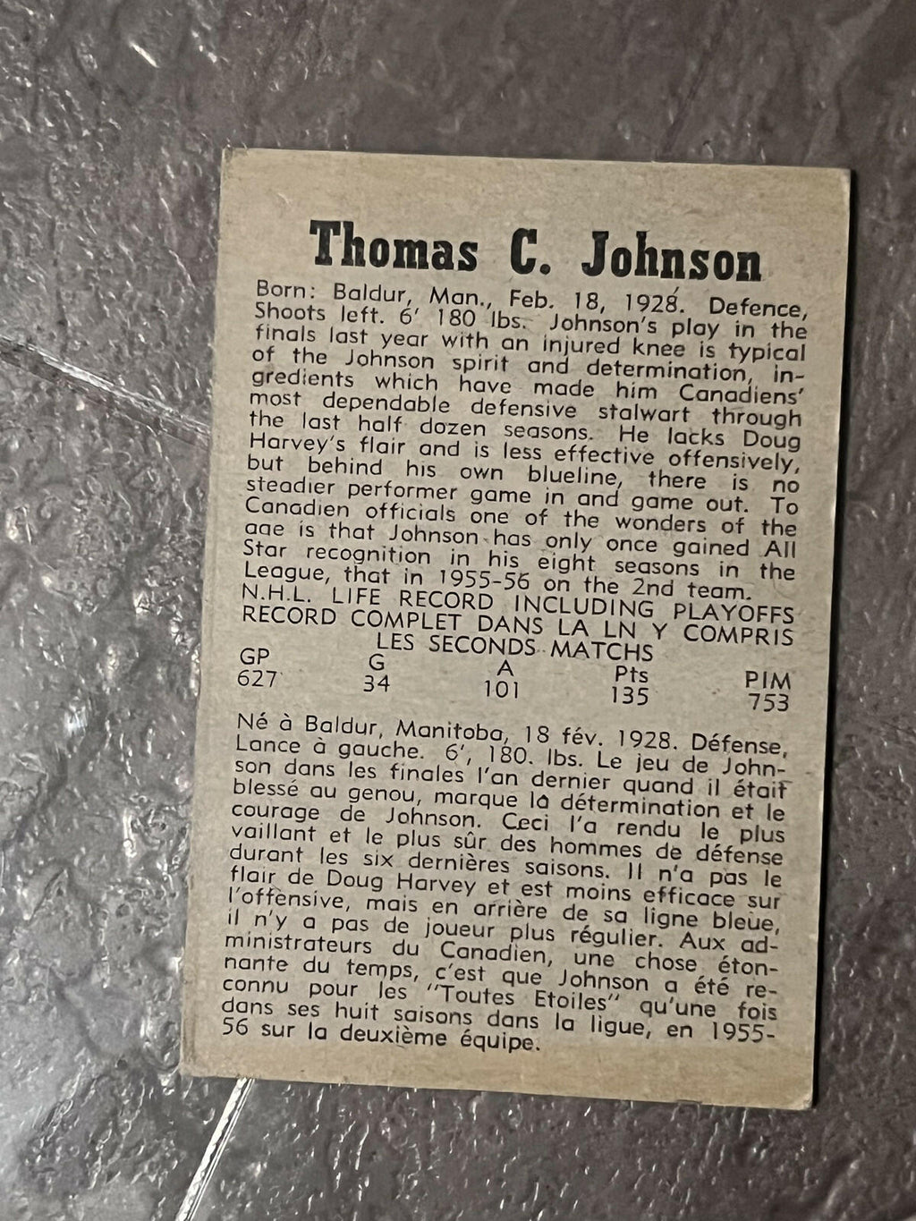 1958-59 Parkhurst Tom Johnson Montreal Canadiens #10 Hockey Card