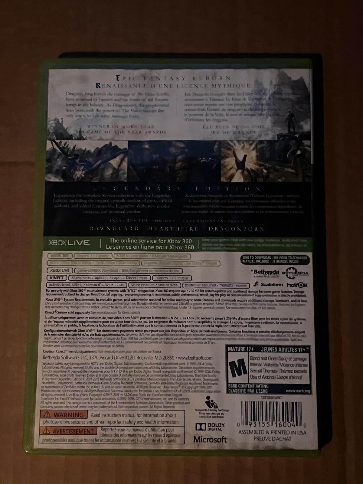 Elder Scrolls V: Skyrim - Legendary Edition (Microsoft Xbox 360, 2013) NO MANUAL
