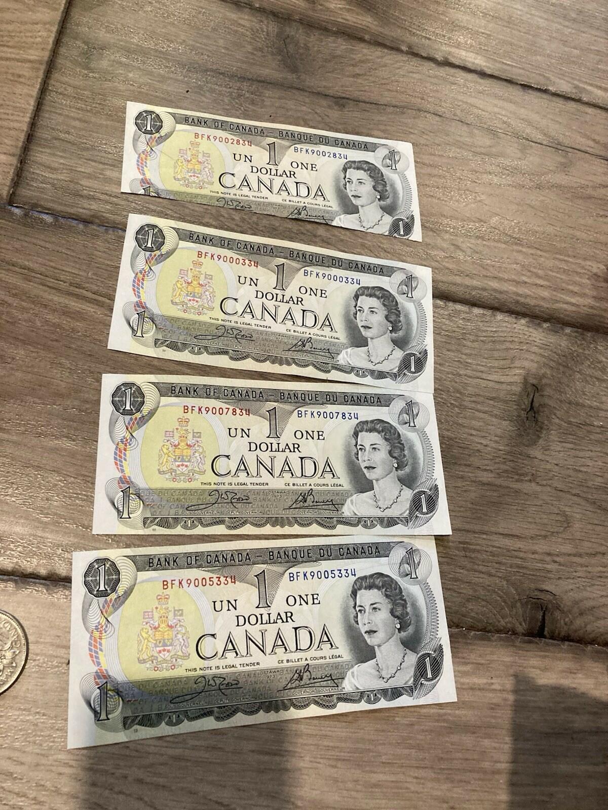 1973 Canada $1 Bill One Dollar Note-Canadian Foreign Paper Currency 4 Notes Lot