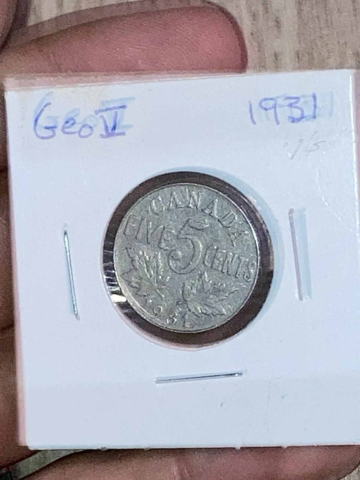 1931 Canada 5 Cents Nickel Coin King George V nice coin