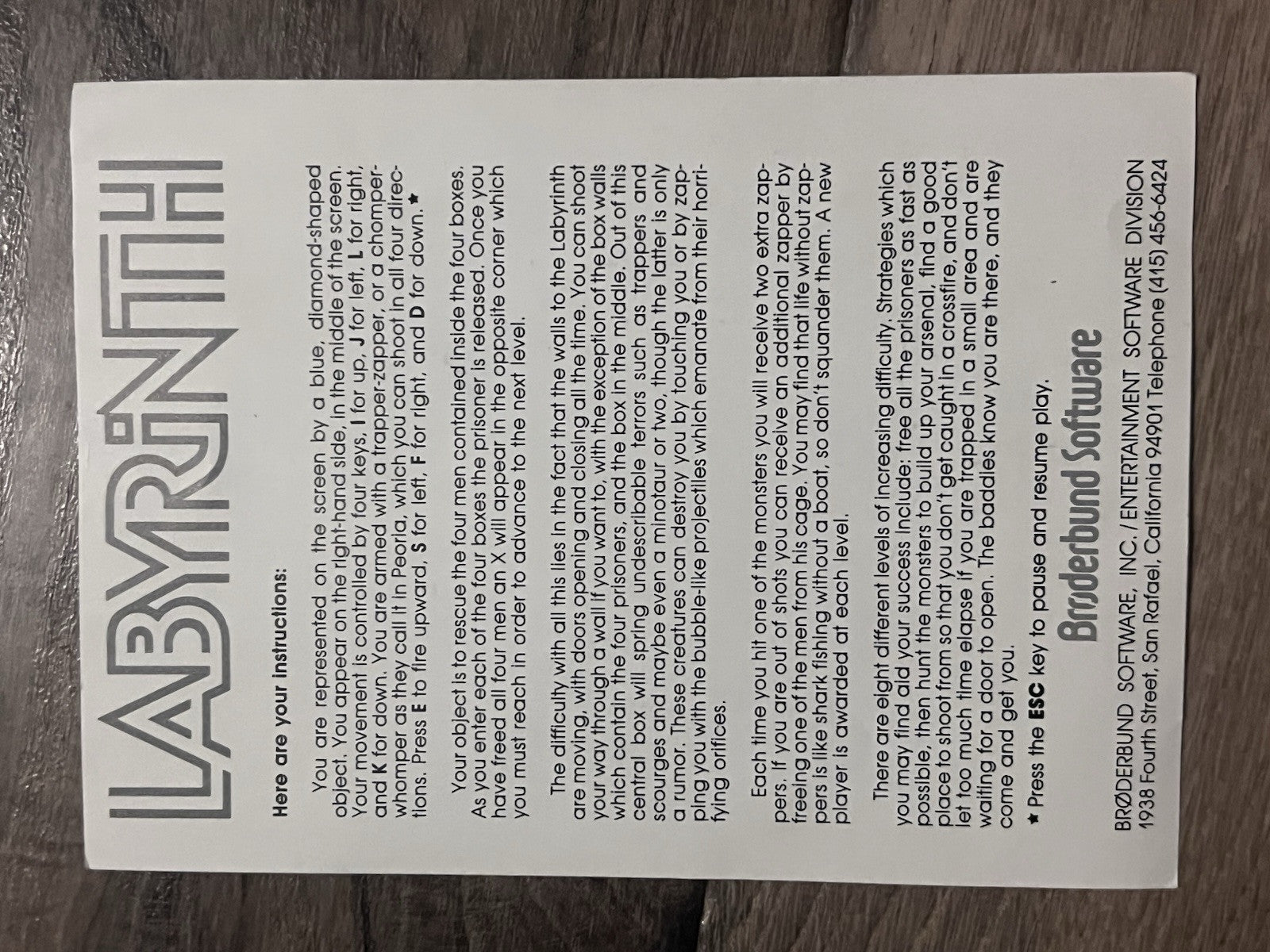 MANUAL ONLY Labyrinth (ATARI 400/800, 1982) Borderbund Software